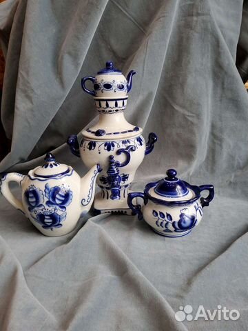 Сувениры Гжель.Самовар,сахарница и чайник.СССР.до