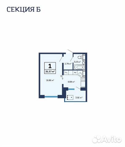 1-к квартира, 31.4 м², 6/9 эт.