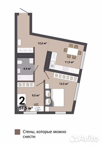 2-к квартира, 51.5 м², 3/35 эт. 2-к квартира, 51.5 м², 3/35 эт.