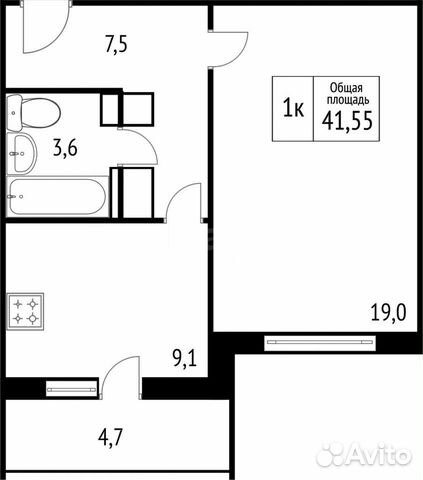 1-к квартира, 41.2 м², 1/12 эт.