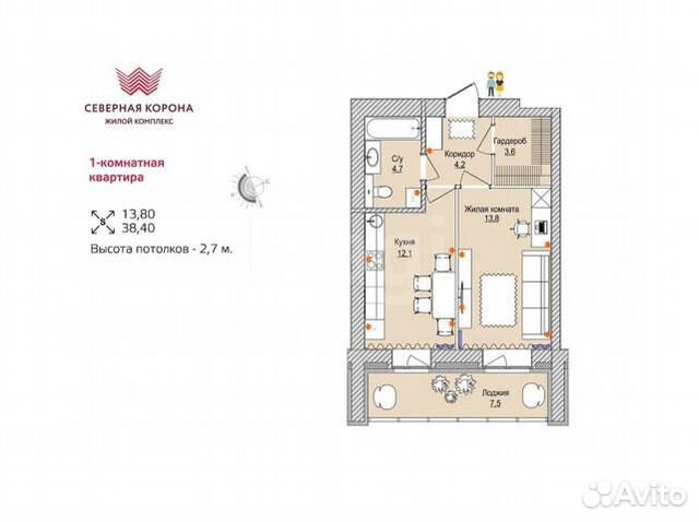 1-к квартира, 38.4 м², 9/12 эт. 1-к квартира, 38.4 м², 9/12 эт.