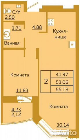 2-к квартира, 55.2 м², 6/18 эт.