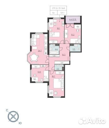 4-к квартира, 121.1 м², 8/23 эт. 4-к квартира, 121.1 м², 8/23 эт.