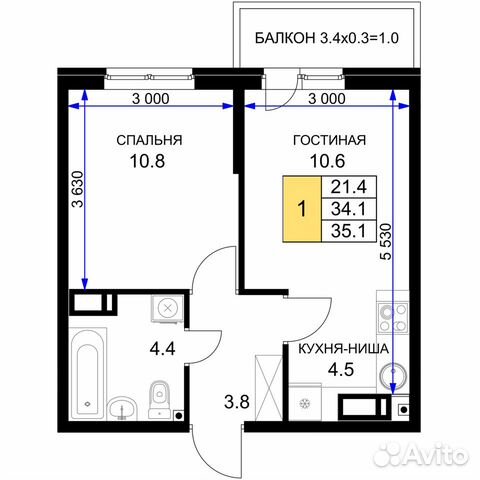 1-к квартира, 35.1 м², 13/16 эт.
