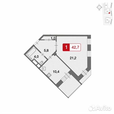 1-к квартира, 43 м², 4/9 эт.