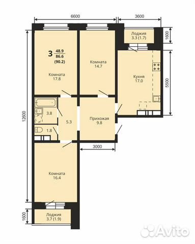3-к квартира, 90.2 м², 9/10 эт. 3-к квартира, 90.2 м², 9/10 эт.