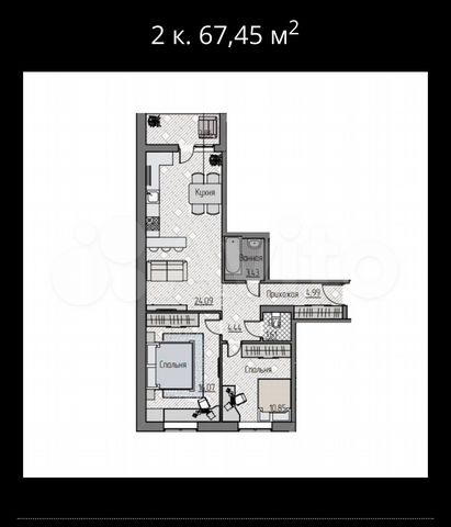 2-к. квартира, 67,4 м², 4/9 эт.