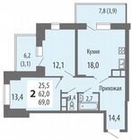 2-к. квартира, 69 м², 7/14 эт.