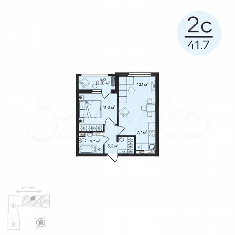 2-к. квартира, 41,7 м², 2/6 эт.