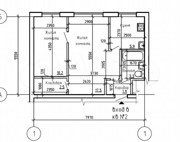 2-к. квартира, 41,3 м², 1/5 эт.