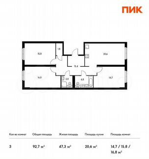 3-к квартира, 92.7 м², 2/28 эт.