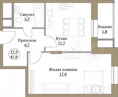 1-к квартира, 41.8 м², 9/17 эт.