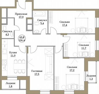 4-к квартира, 106.4 м², 16/17 эт.