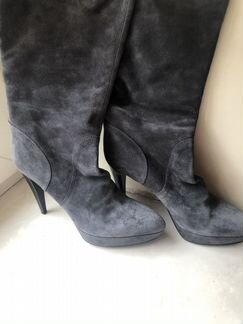 Сапоги серые натуральная замша каблук демисезон