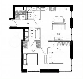2-к квартира, 60 м², 4/28 эт.